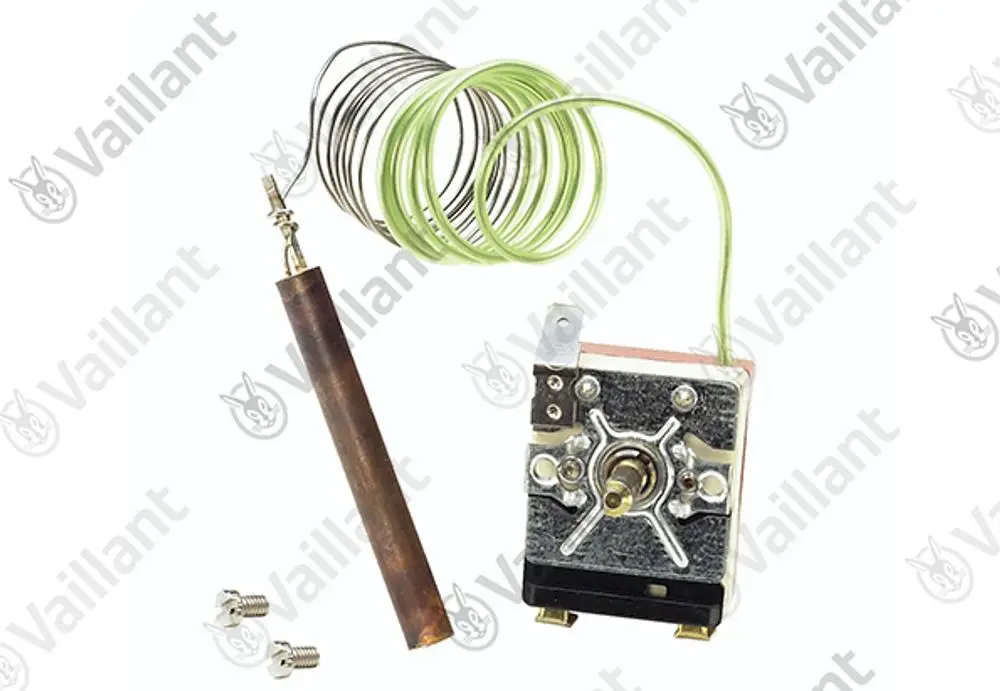 Temperaturregler von Vaillant mit einer spiralgewickelten Leitung, einem metallischen Element und zwei Schrauben zur Befestigung.